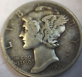 10 центов 1935 год США дайм Меркурий серебро 90%
