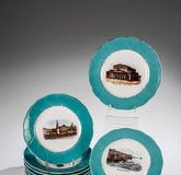Ten porcelain plates with view of Moscow. Dulevo, porcelain factory M.S. Kuznetsov, mid20th century.