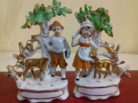 PAIR OF STATUETTES. "CHILDREN WITH DEER" RARITY!!! OLD GERMANY 1940-50s. MARK ON THE BASE.