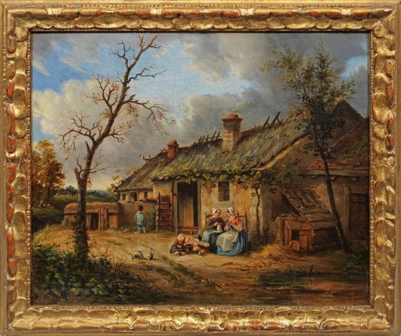 Rural idyll in front of a peasant's hut: relaxed conversations, playing children, and a sleeping observer.