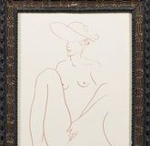 Active artist of the 20th century: a female model with a hat in an explicit pose.