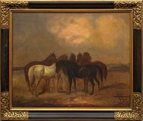 Блестящий стиль живописи: облачное небо и дикие лошади