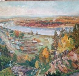 Siberian landscape. View from the Spoloshinskaya Mountain on the Biryusa River. Canvas, oil.