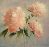 Peonies under water, oil on canvas.
