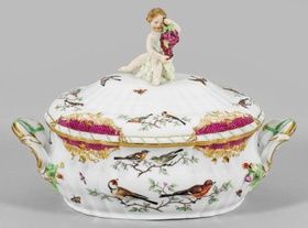 Magnificent lidded terrine with bird and insect decoration.