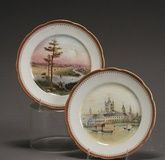 Pair of Russian Porcelain Scenic Cabinet Plates Kuznetsov Manufactory, Third Quarter 19th Century