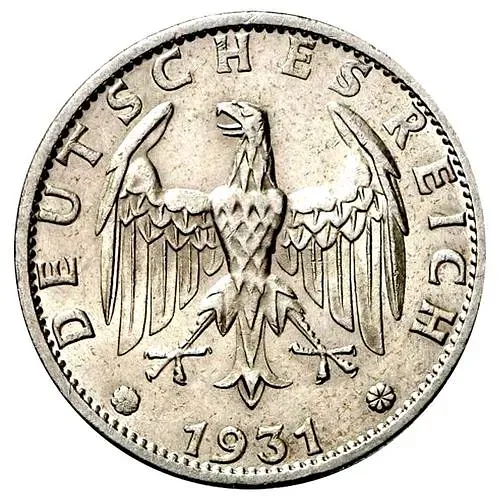 3 рейхсмарки 1931, F, знак монетного двора "F" — Штутгарт [Германия]