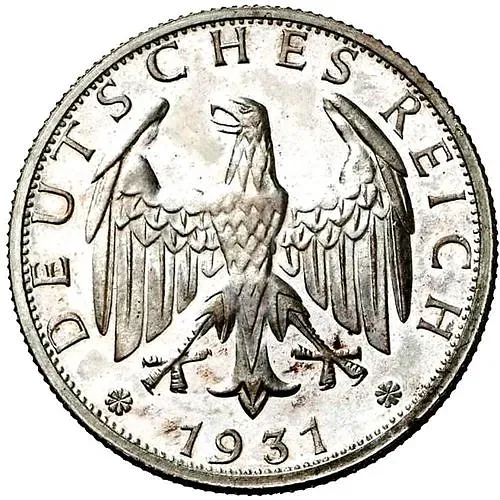 2 рейхсмарки 1931, G, знак монетного двора "G" — Карлсруэ [Германия]