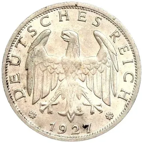 1 рейхсмарка 1927, F, знак монетного двора "F" — Штутгарт [Германия]