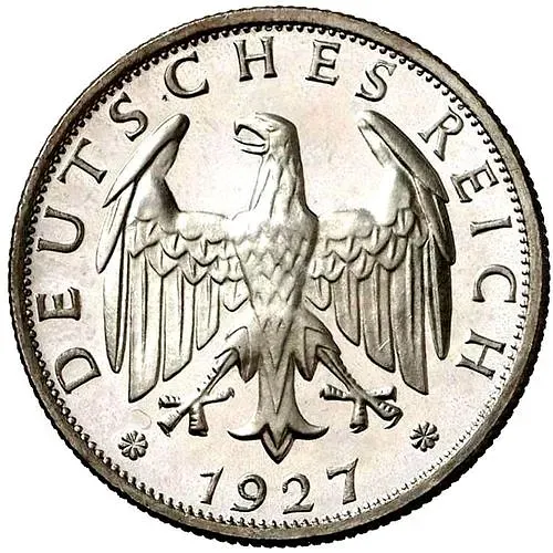 2 рейхсмарки 1927, F, знак монетного двора "F" — Штутгарт [Германия]