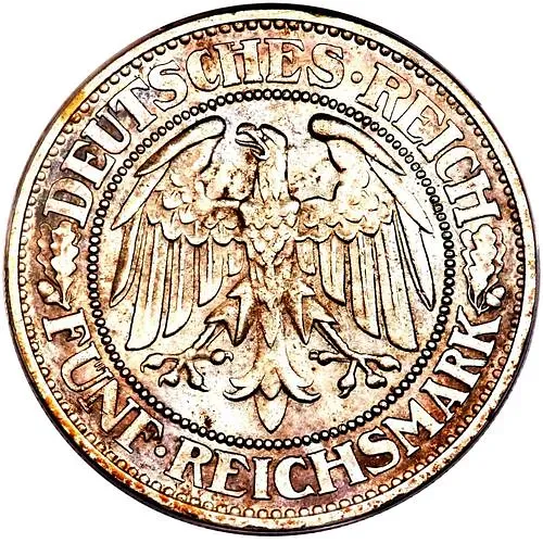 5 рейхсмарок 1929, E, знак монетного двора "E" — Мульденхюттен [Германия]