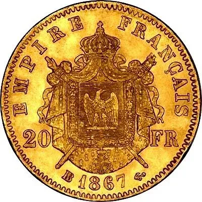 20 франков 1867, BB, знак монетного двора: "BB" - Страсбург [Франция]