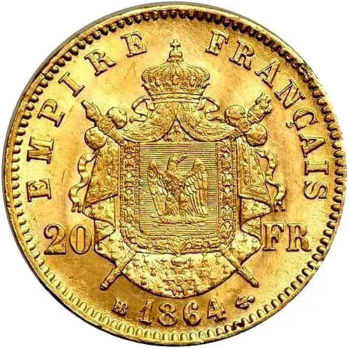 20 франков 1864, BB, знак монетного двора: "BB" - Страсбург [Франция]