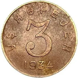 3 kopecks 1934, mule, Tuva, obverse of 20 kopecks, legend divided by rosette