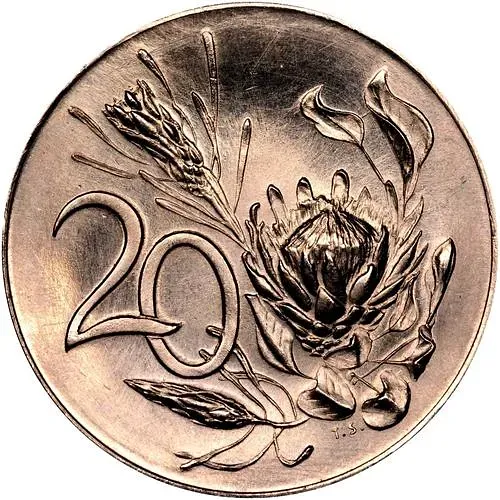 20 центов 1965, надпись на английском языке "SOUTH AFRICA" [ЮАР]