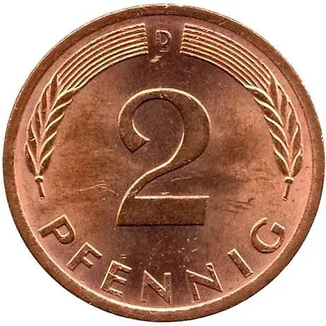 2 пфеннига 1976, D, знак монетного двора: "D" - Мюнхен [Германия / ФРГ]