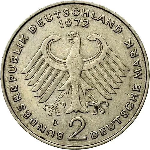 2 Marks 1972, D, Theodor Heuss, 20 Years of the Federal Republic (1949-1969) [Germany / FRG]