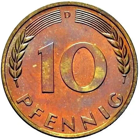 10 пфеннигов 1968, D, знак монетного двора: "D" - Мюнхен [Германия / ФРГ]