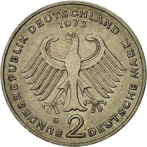 2 Marks 1973, G, Theodor Heuss, 20 Years of the Federal Republic (1949-1969) [Germany / FRG]