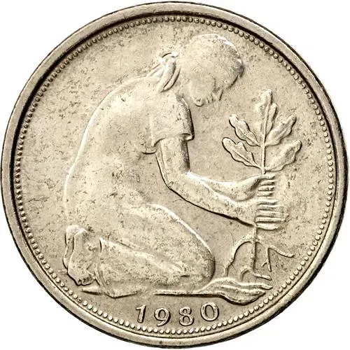 50 пфеннигов 1980, F, знак монетного двора: "F" - Штутгарт [Германия / ФРГ]