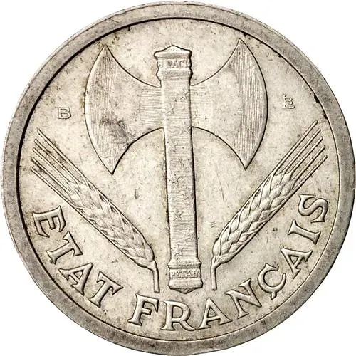 2 франка 1943, B, знак монетного двора: "B" - Бомон-ле-Роже [Франция]