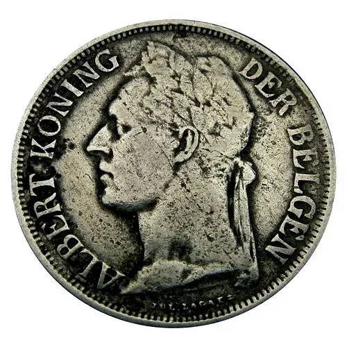 1 франк 1929, надпись на голландском - "ALBERT KONING DER BELGEN" [Демократическая Республика Конго / Бельгийское Конго]