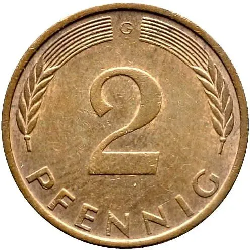 2 пфеннига 1975, G, знак монетного двора: "G" - Карлсруэ [Германия / ФРГ]