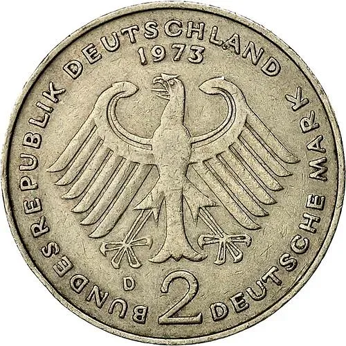 2 Marks 1973, D, Konrad Adenauer, 20 Years of the Federal Republic (1949-1969) [Germany / FRG]