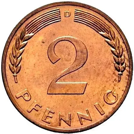 2 пфеннига 1968, D, магнитные, знак монетного двора: "D" - Мюнхен [Германия / ФРГ]