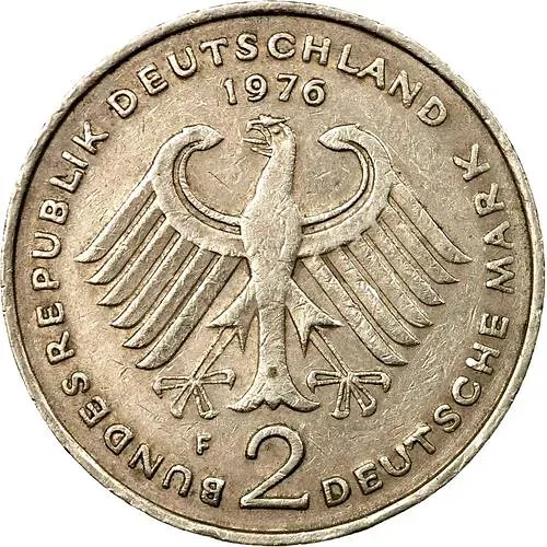 2 Marks 1976, F, Konrad Adenauer, 20 Years of the Federal Republic (1949-1969) [Germany / FRG]