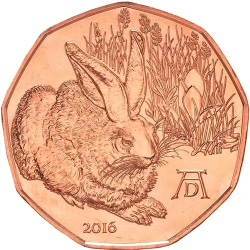 5 евро 2016, Альбрехт Дюрер - Заяц, Медь [Австрия]