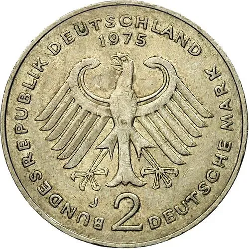 2 Marks 1975, J, Theodor Heuss, 20 Years of the Federal Republic (1949-1969) [Germany / FRG]