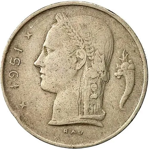 1 франк 1951, надпись на голландском - "BELGIE" [Бельгия]