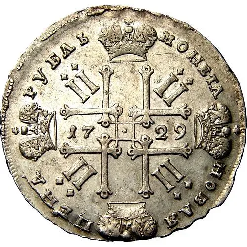 1 рубль 1729, тип 1729 года, портрет с орденской лентой (лисий нос), заклепки над обрезом рукава