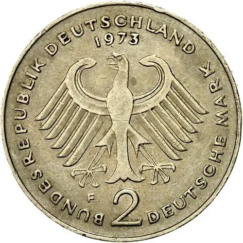 2 Marks 1973, F, Konrad Adenauer, 20 Years of the Federal Republic (1949-1969) [Germany / FRG]