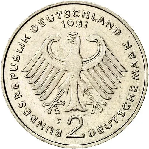 2 Marks 1981, F, Konrad Adenauer, 20 Years of the Federal Republic (1949-1969) [Germany / FRG]