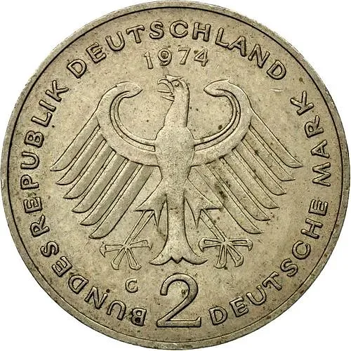 2 Marks 1974, G, Konrad Adenauer, 20 Years of the Federal Republic (1949-1969) [Germany / FRG]