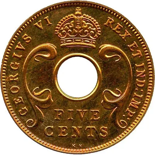 5 центов 1939, KN, знак монетного двора: "KN" - Кингз Нортон Металл, Бирмингем [Восточная Африка]