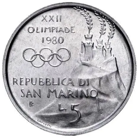 5 лир 1980, XXII летние Олимпийские Игры, Москва 1980 [Сан-Марино]
