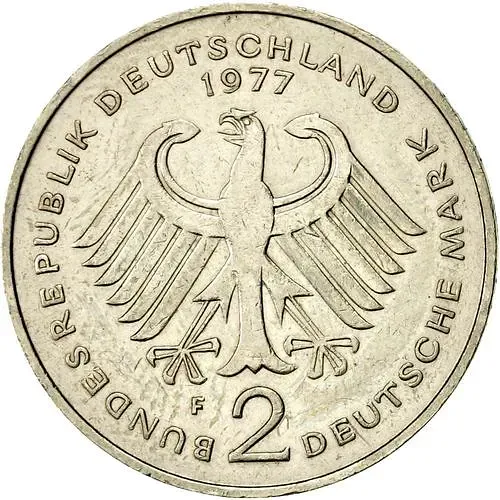2 Marks 1977, F, Konrad Adenauer, 20 Years of the Federal Republic (1949-1969) [Germany / FRG]