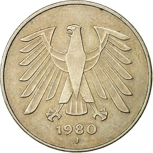 5 марок 1980, J, знак монетного двора: "J" - Гамбург [Германия / ФРГ]