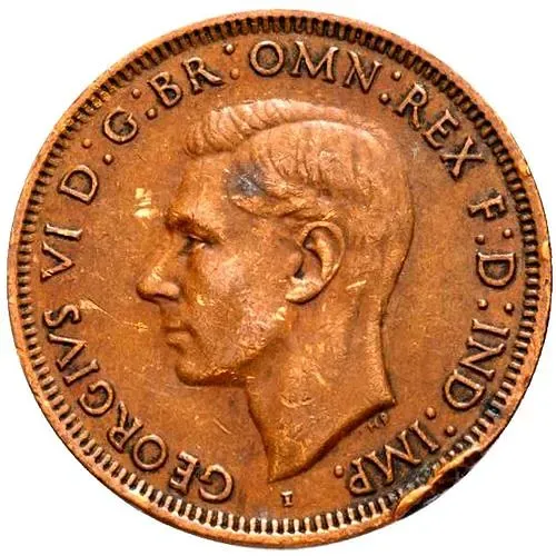 1 пенни 1943, "I" ниже бюста. Точка перед и после "PENNY" [Австралия]