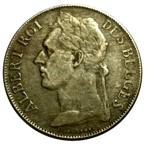 1 франк 1922, Надпись на французском: "ALBERT ROI DES BELGES" [Демократическая Республика Конго / Бельгийское Конго]