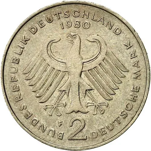 2 Marks 1980, F, Kurt Schumacher, 30 Years of the Federal Republic (1949-1979) [Germany / FRG]