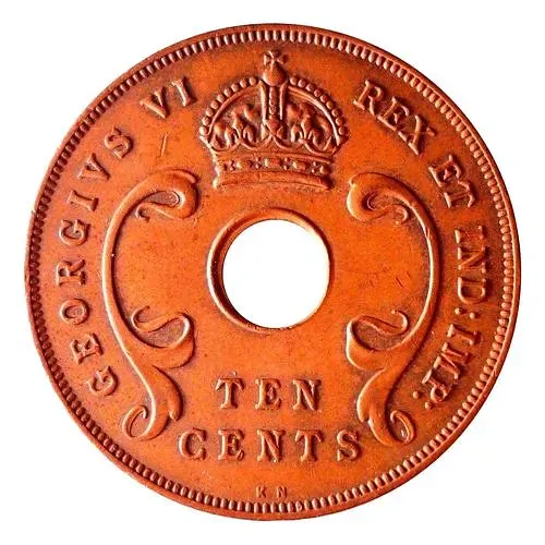 10 центов 1937, KN, знак монетного двора: "KN" - Кингз Нортон Металл, Бирмингем [Восточная Африка]