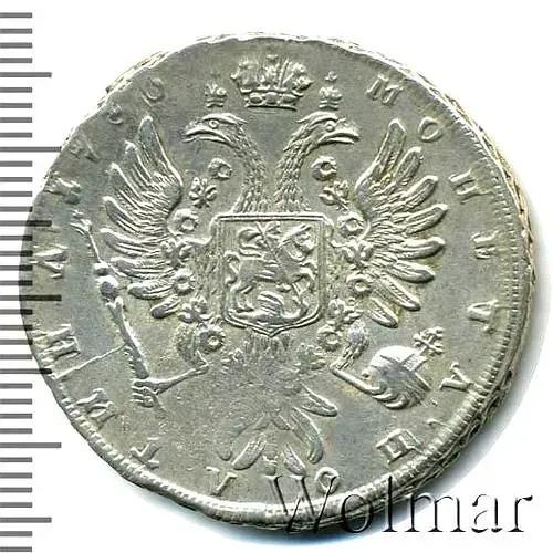 полтина 1736, без кулона на груди, крест державы узорчатый, реверс: легенда разделена точками