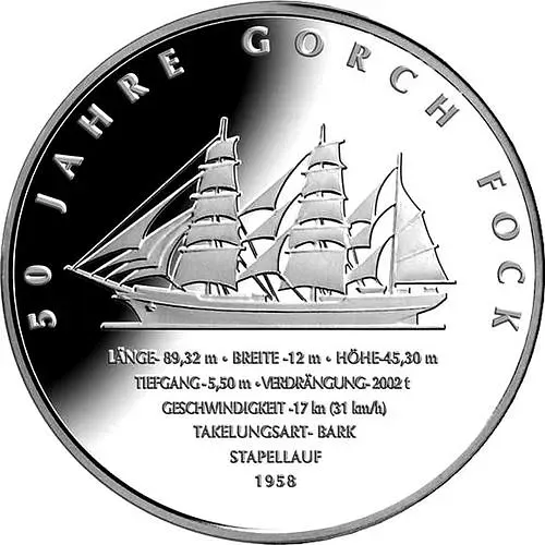 10 евро 2008, J, 50 лет парусному учебному кораблю «Gorch Fock II» [Германия]