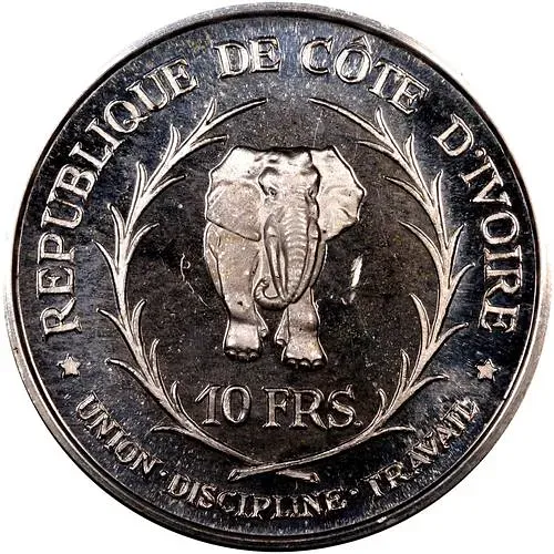 10 франков 1966, Союз, Дисциплина, Работа [Кот-д’Ивуар] Proof
