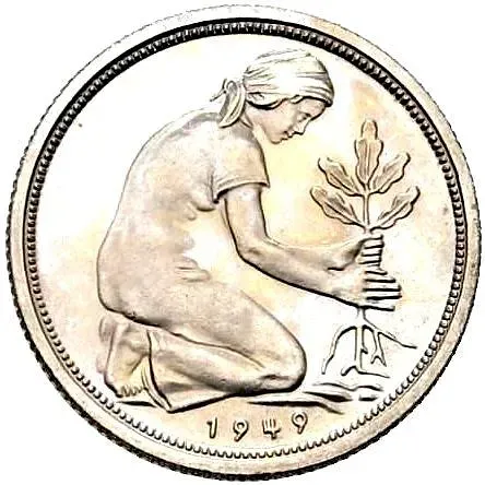 50 пфеннигов 1949, D, знак монетного двора: "D" - Мюнхен [Германия / ФРГ]
