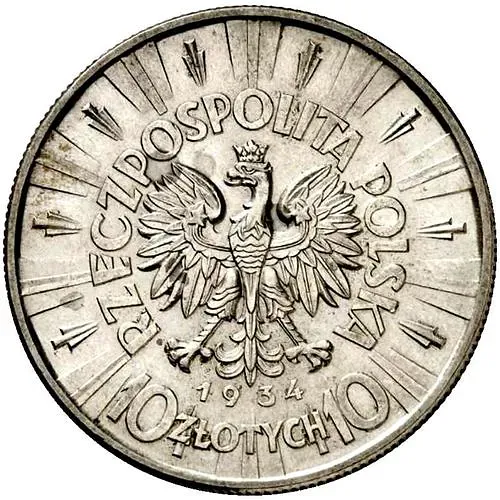 10 злотых 1934, Пилсудский, орёл с короной [Польша]